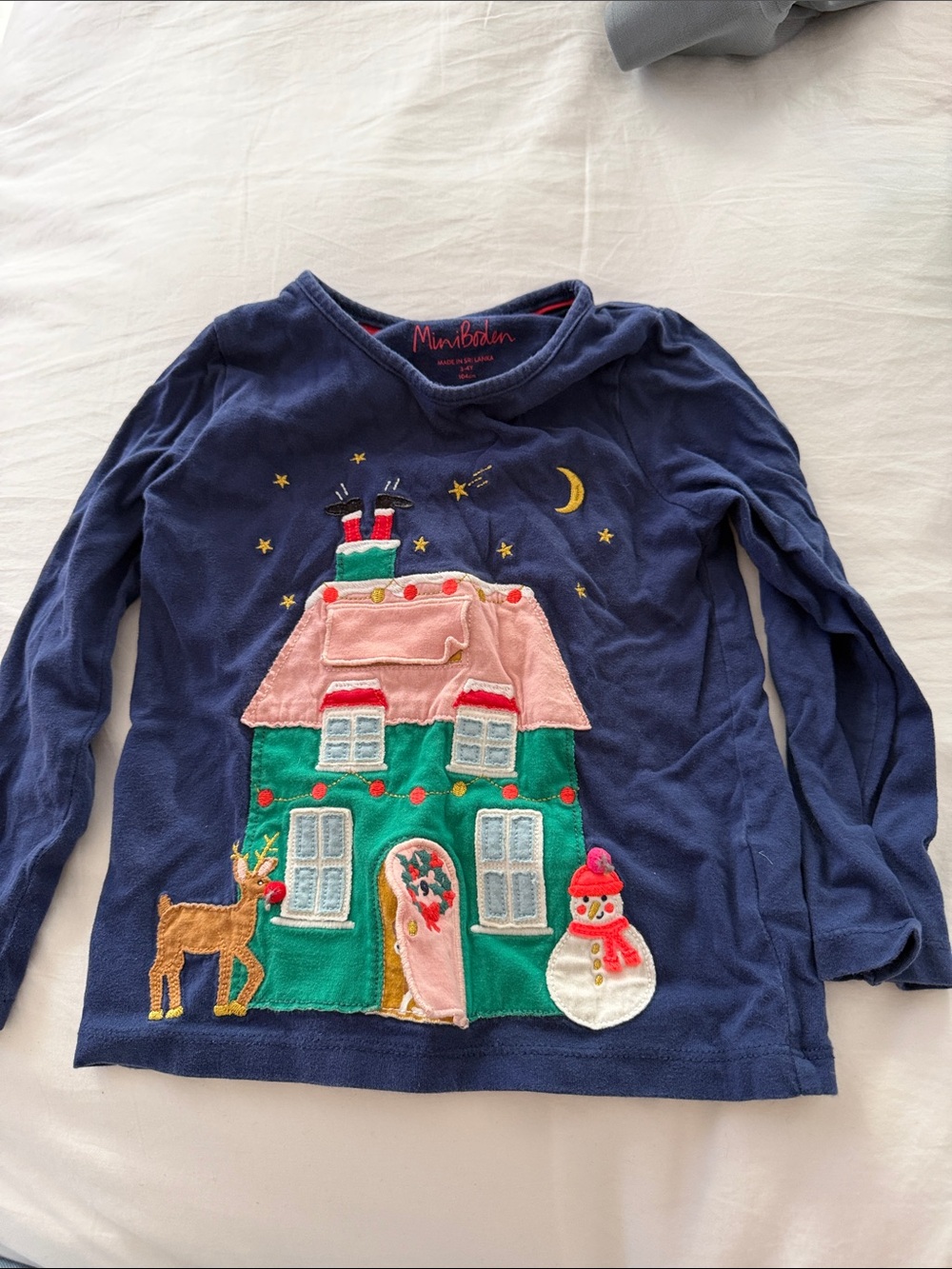Mini Boden Navy Long-Sleeve Holiday House Appliqué Top